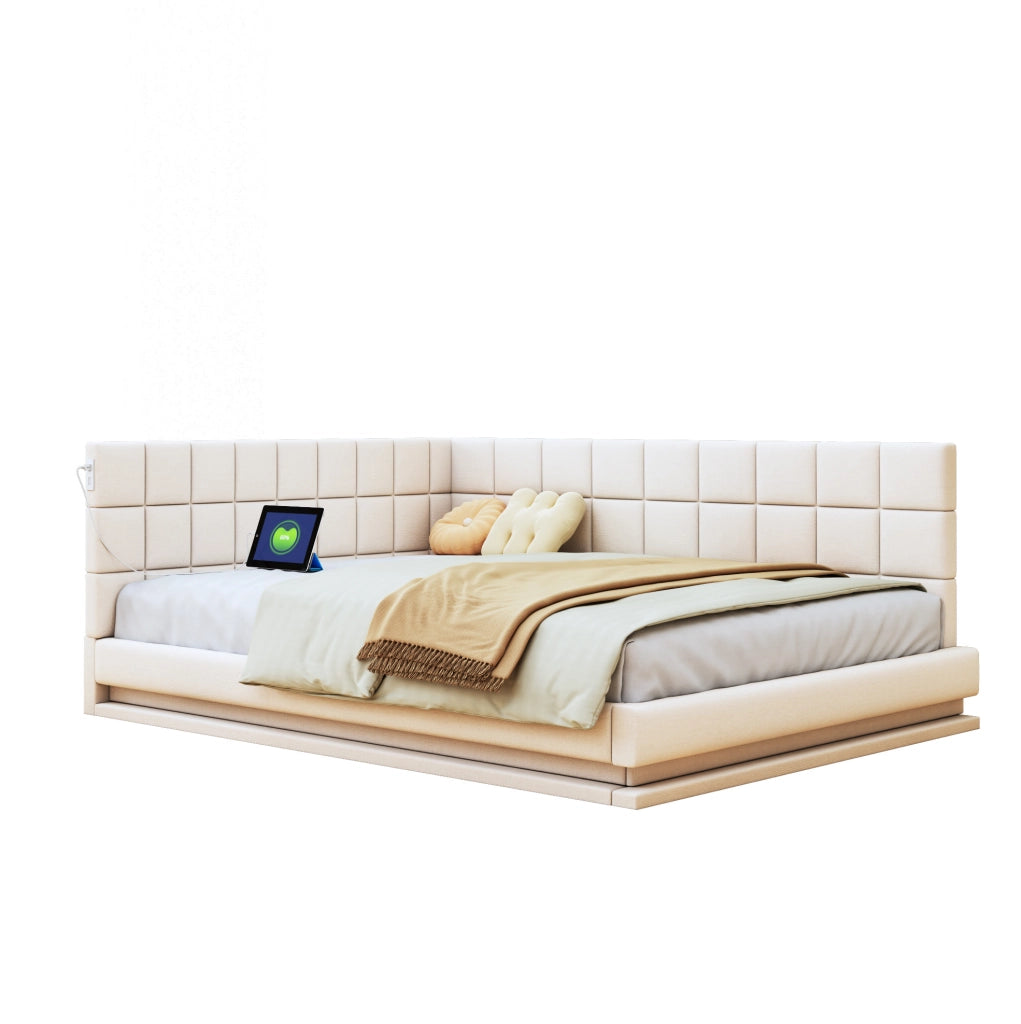 Divano Letto Imbottito 160x200 cm con LED, USB e Rete a Doghe in Lino Beige