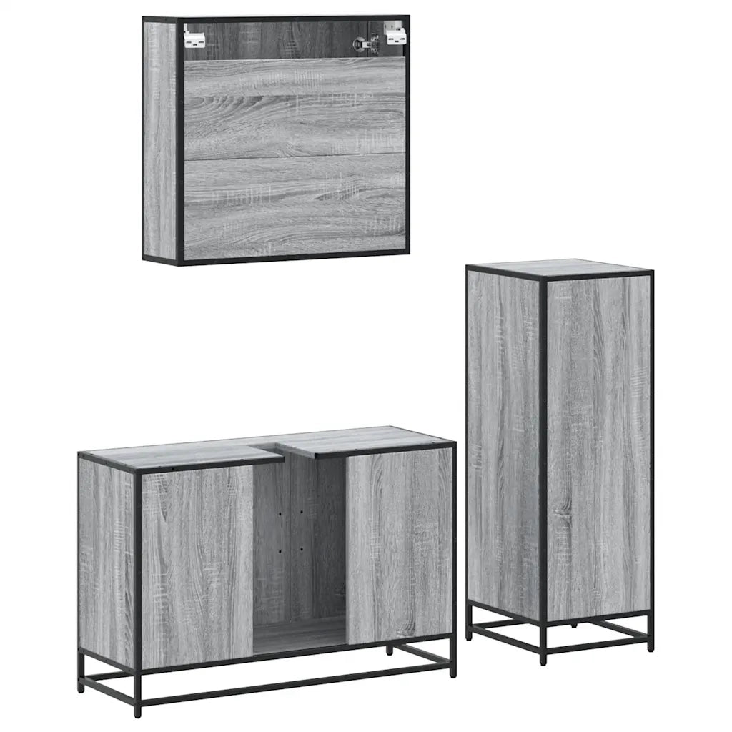 Set Mobili da Bagno 3 pz Grigio Sonoma in Legno Multistrato