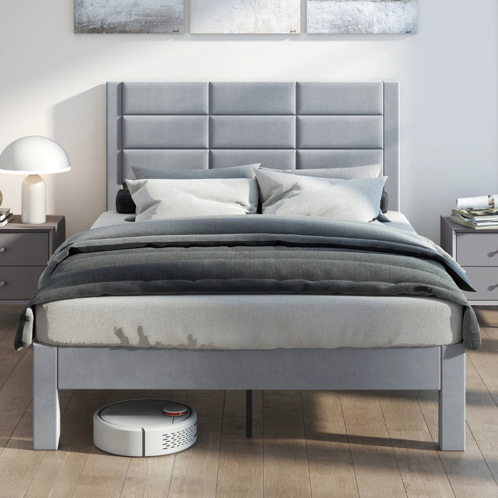 Struttura letto matrimoniale 200 x 140 CM con testiera in morbido tessuto di velluto e supporto a doghe di legno-Letto piattaforma imbottito Grigio