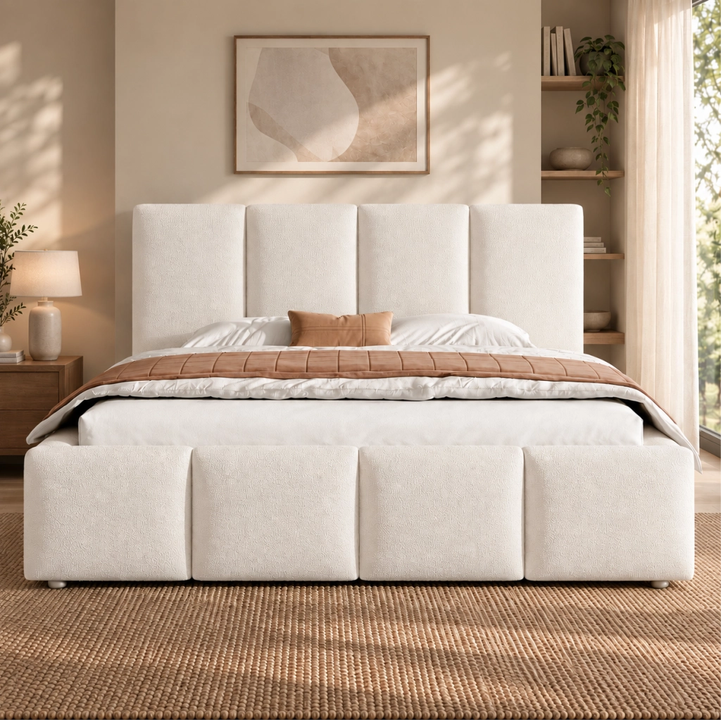 LETTO Contenitore Idraulico 160x200 cm Bouclé Bianco con Rete a Doghe