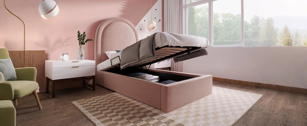 DESMIU Letto Contenitore Singolo con Vano Idraulico 90 × 190 cm senza Materasso in Velluto Rosa