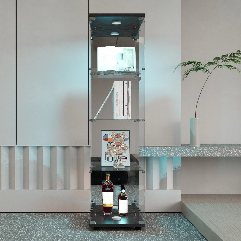 Vetrina espositiva alta in vetro temperato colore nero con serratura di sicurezza, 42,5x36,5x164cm, ripiani regolabili per modellini e collezioni