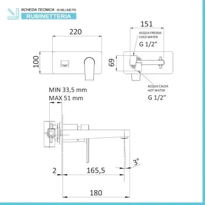 Miscelatore lavabo a muro Mariani serie Artic in ottone spazzolato