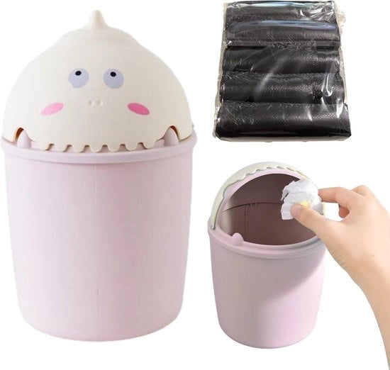 Mini vuilone contenitore con coperchio, contenitore per rifiuti mini con 100 sacchetti, contenitore per rifiuti portatile con coperchio, contenitore per rifiuti da tavolo, contenitore per rifiuti da ufficio, contenitore per rifiuti per la casa (rosa)