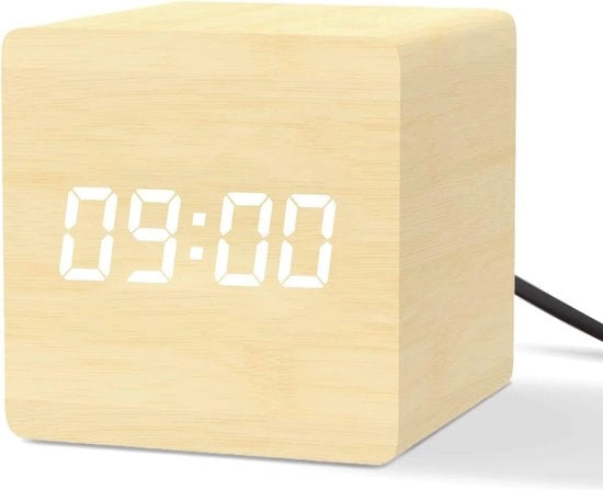 Alarme digitale orologio con 3 allarmi, modalità weekend, regolazione luminosità e volume, orologio digitale alimentato via USB, con cornice in legno chiaro