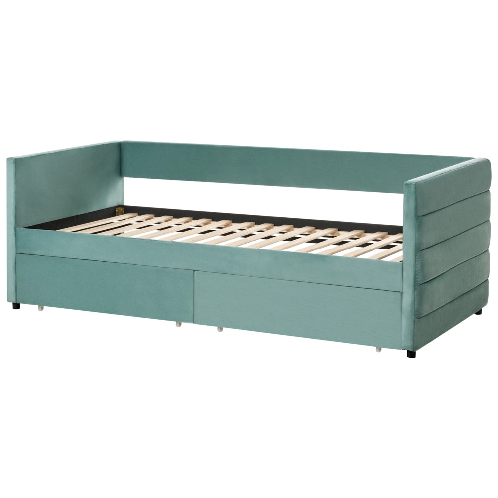 Letto 90 x 200 cm in velluto verde menta elegante e imbottito con cassetti glamour per la camera da letto