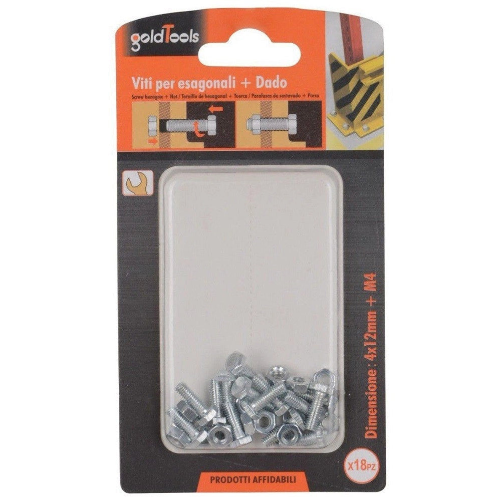 Trade Shop - Set 18 Pz Vite Viti Per Esterno A Testa Esagonali 4x12mm Con Dadi Dado M4 90903 -