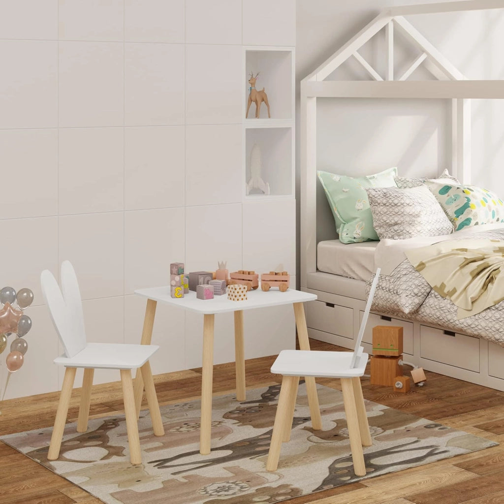 Tavolino e Sedie per Bambini con 2 Sedie, per Mangiare e Dipingere, Forma di Coniglio, Cameretta, Asili Nidi, in MDF e Legno Massello, Bianco e Venature Legno