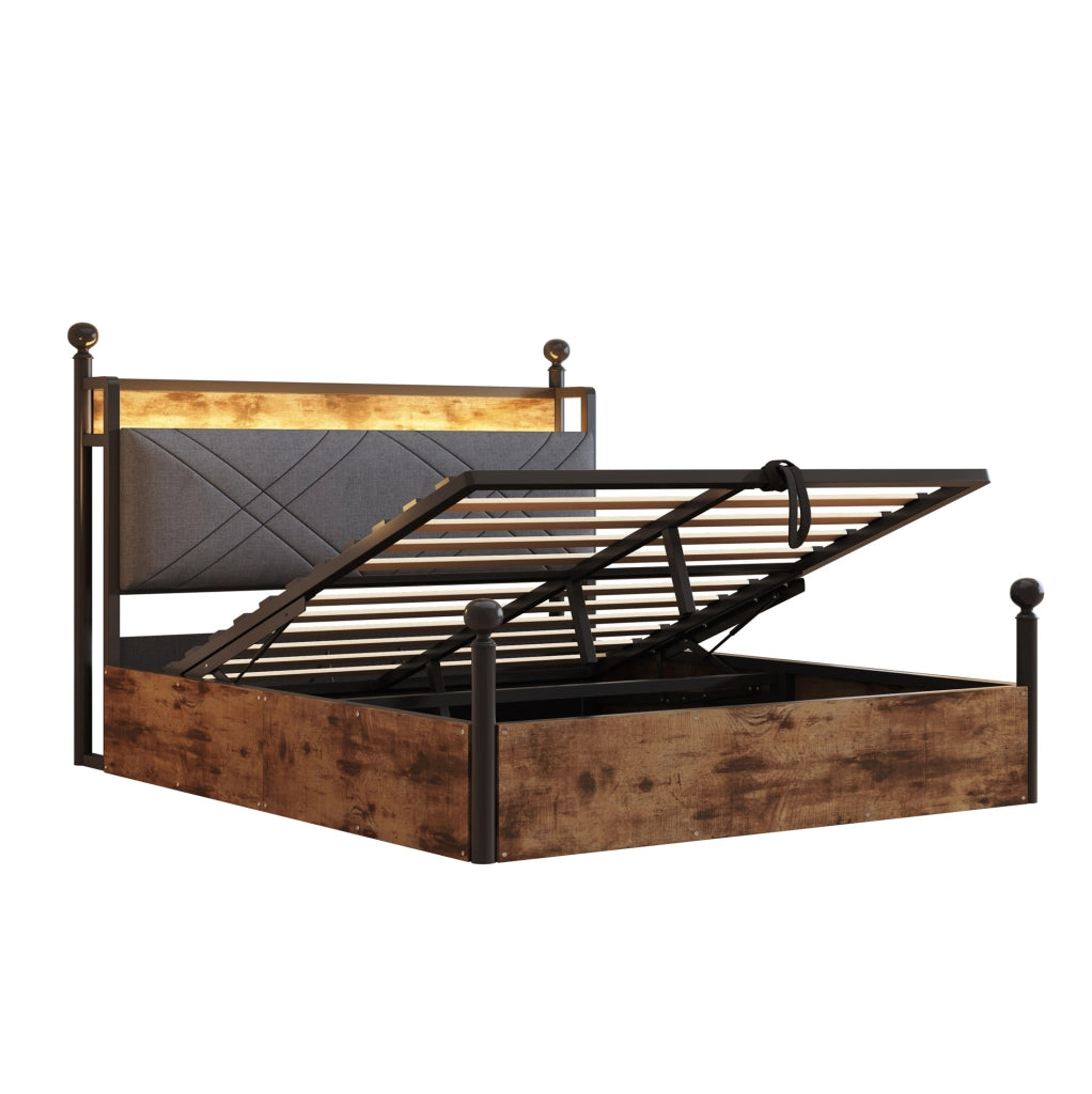 Letto 140x190 cm con baldacchino removibile; contenitore e LED in metallo e legno nero