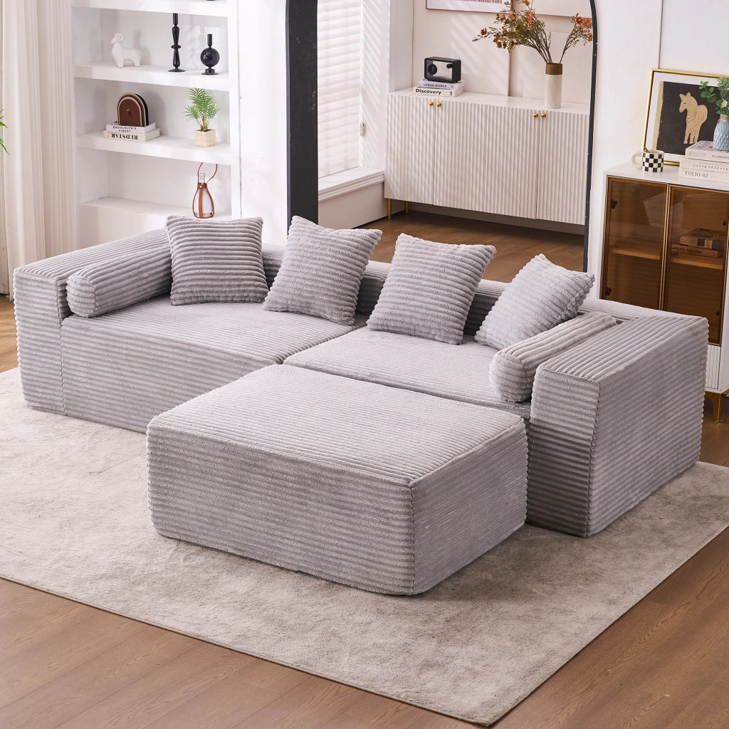Divano angolare modulare senza attrezzi con chaise longue e seduta oversize per salotto in tessuto chenille grigio