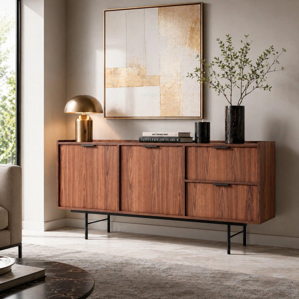 Madia Credenza Moderna Con 2 Ante 2 Cassetti Ampio Spazio Contenitivo Ripiani Interni Struttura In Melaminico Gambe In Metallo Per Soggiorno Sala Da Pranzo Ingresso 150 X 40 X 68 Cm Noce