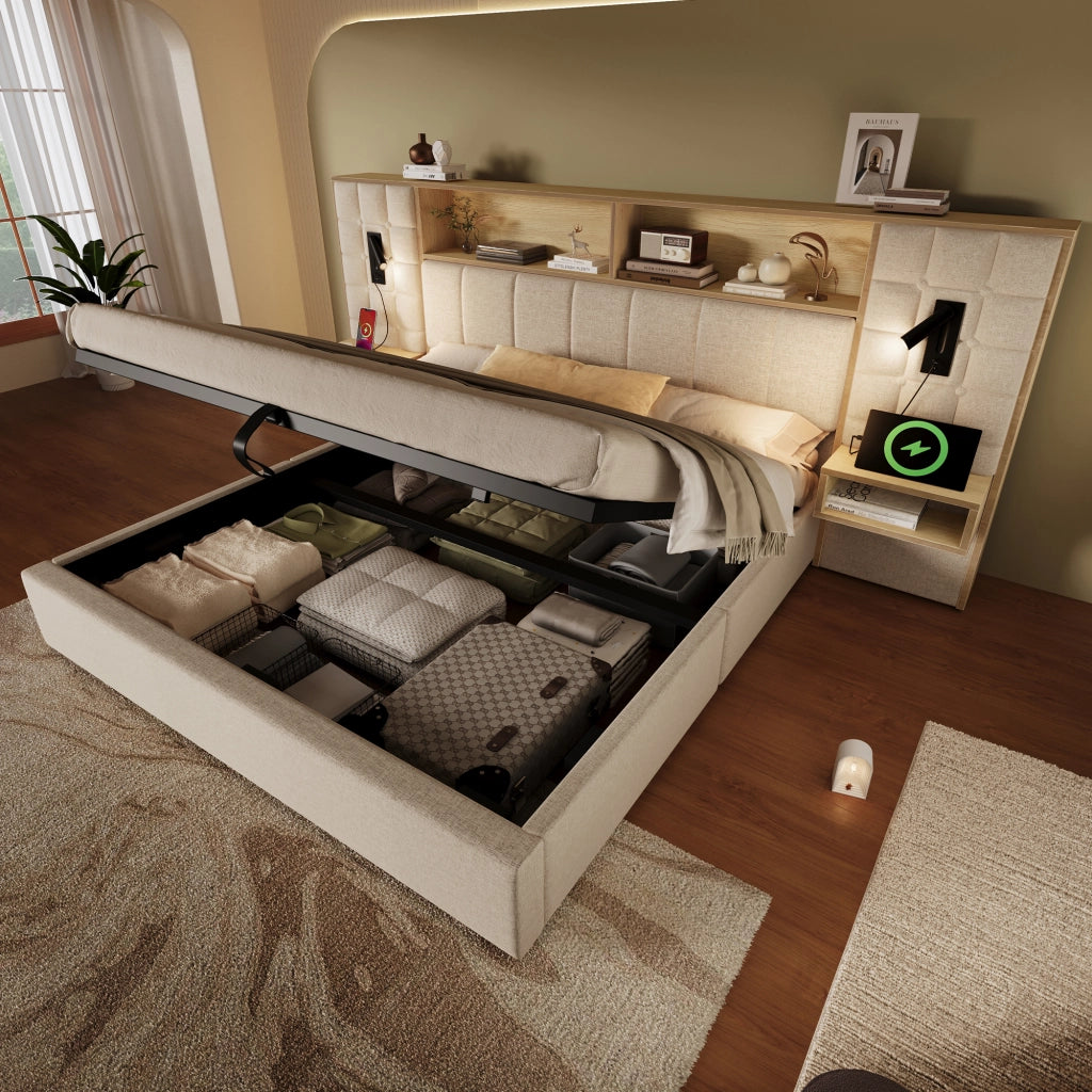 DESMIU Letto con Contenitore 160 × 200 cm 2 posti con luci di lettura, USB e Type-C, senza materasso, beige