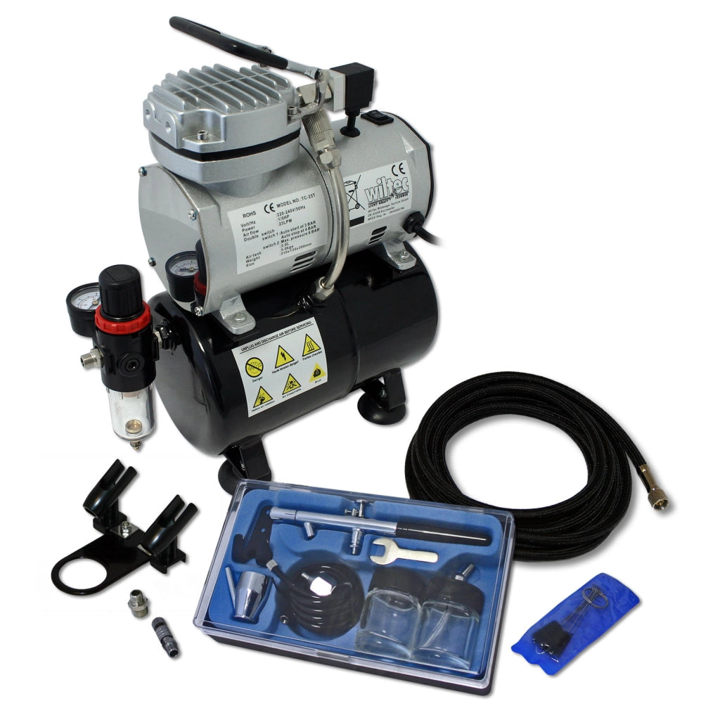 Set aerografia Compressore oil free AS189, Aerografo doppia azione, Accessori con tubo e raccordi