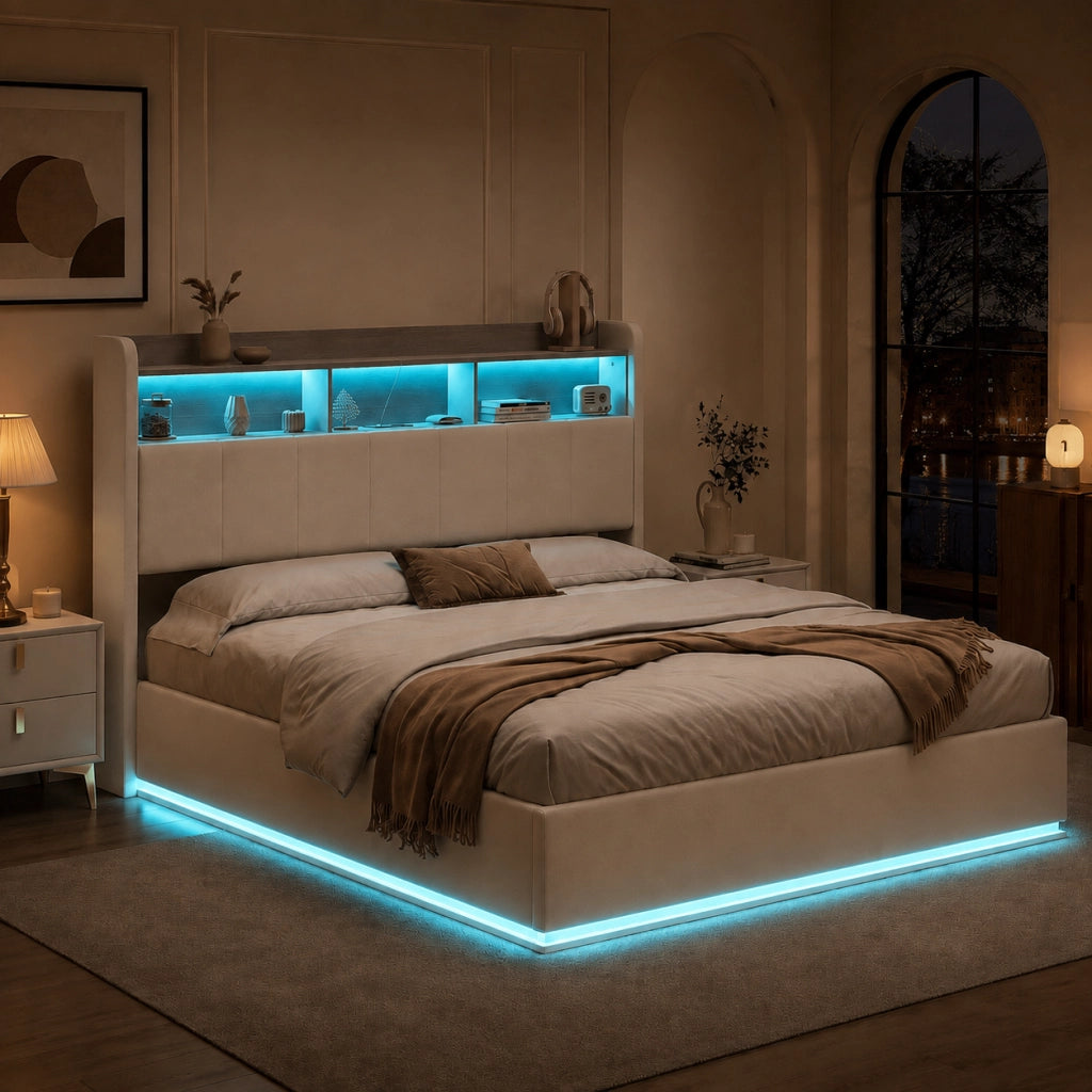 Letto matrimoniale contenitore idraulico 140x190 cm, rivestimento velluto beige, testiera con vani, LED RGB, porte USB‑A e USB‑C, capacità 350kg