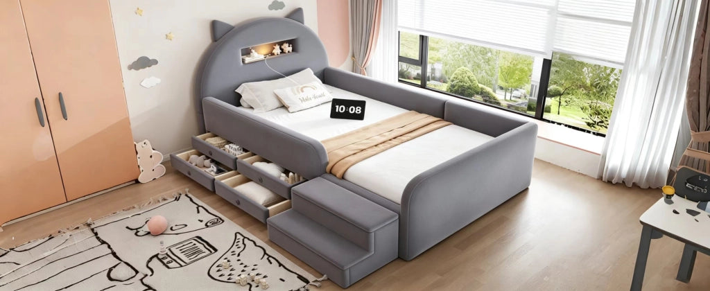 DESMIU Letto per bambini 90 × 200 cm 1 posto con 4 cassetti, USB, luce notturna e pedana removibile, senza materasso