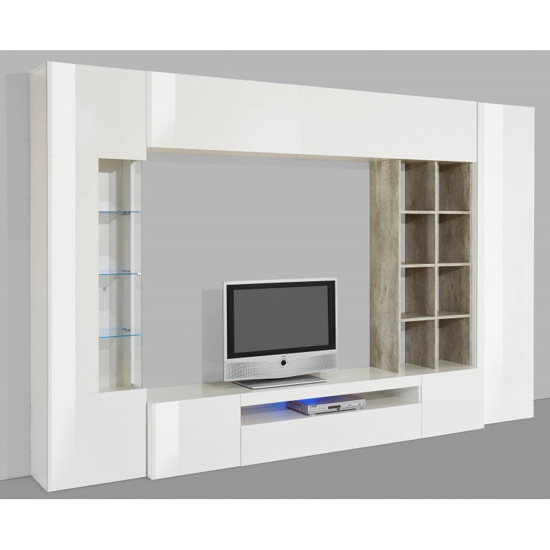Parete soggiorno Egypt – 290x191x40cm – Bianco Lucido e Cemento