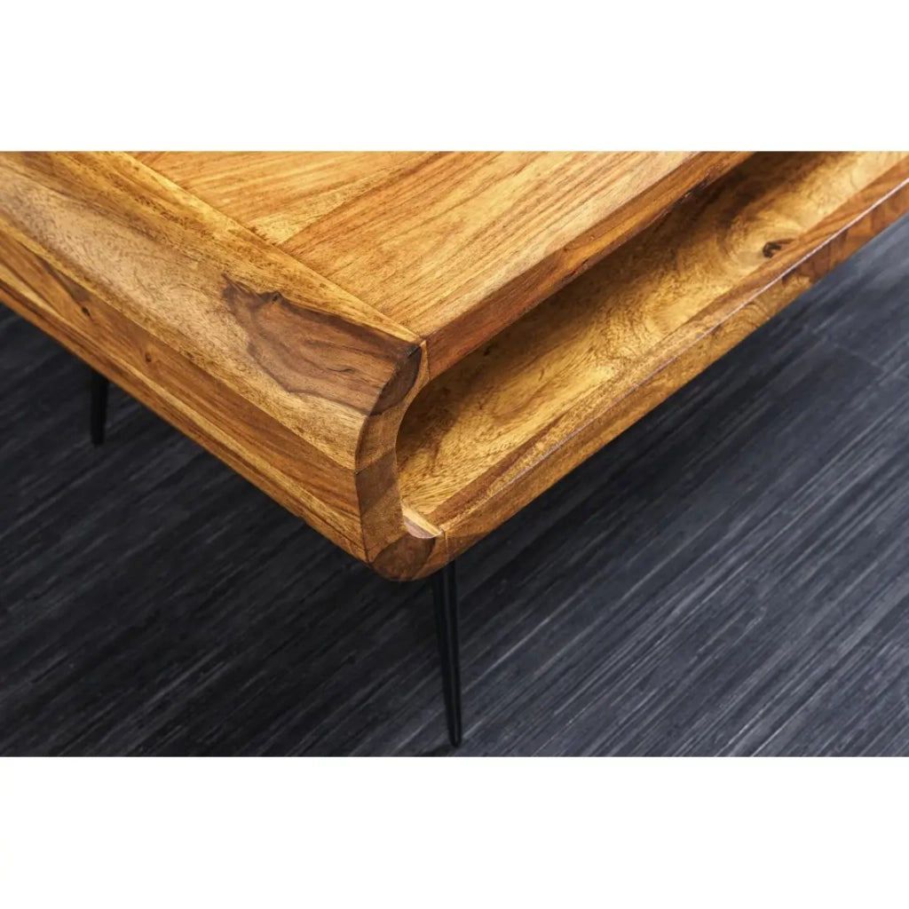Tavolino RETROVA 90 cm in legno di Sheesham verniciato con gambe in metallo nero e vano aperto