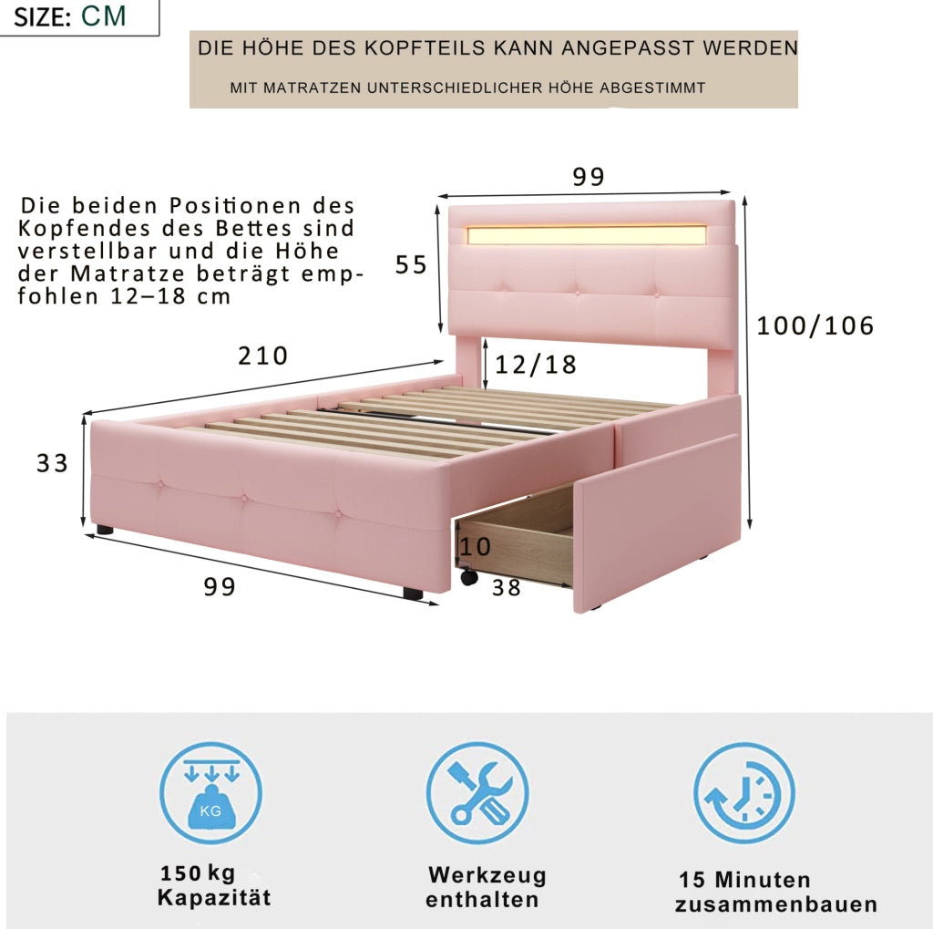 Letto singolo imbottito 90x200 cm con LED e 2 cassetti rosa