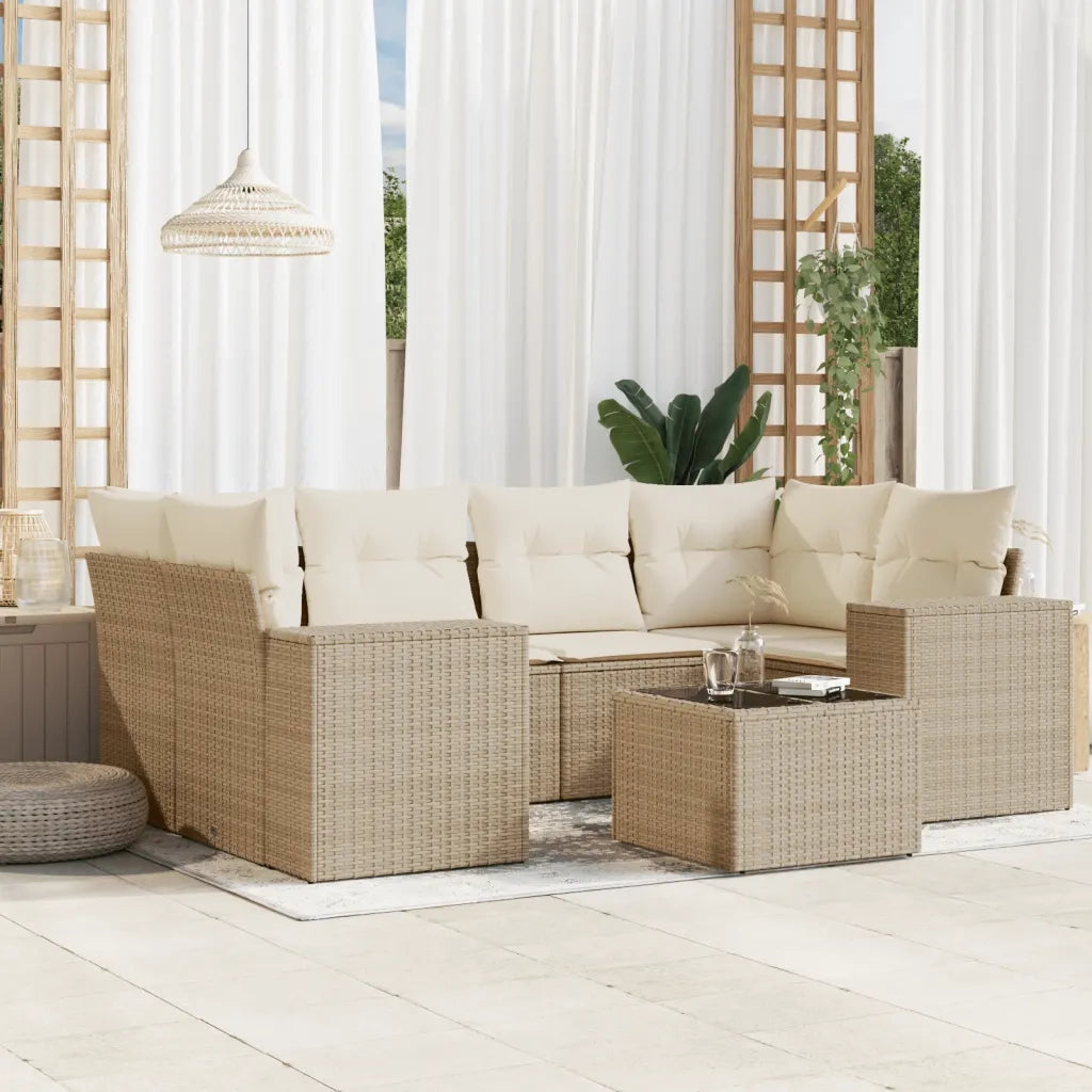 Set Divani da Giardino 7 pz con Cuscini Beige in Polyrattan