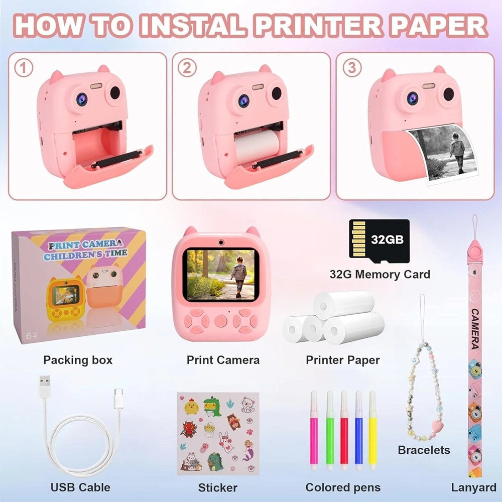 Trade Shop - Fotocamera Istantanea Bambini Digitale Hd 1080p 4 Rotoli Scheda Sd Doppia Lente -