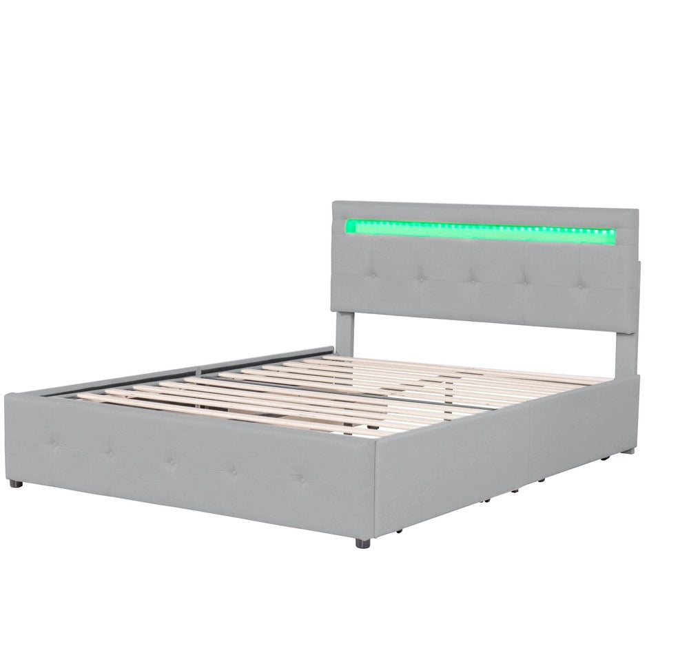 Letto Imbottito con LED, Cassetti e Contenitore ¨C MINIMAL ¨C Grigio 140x200