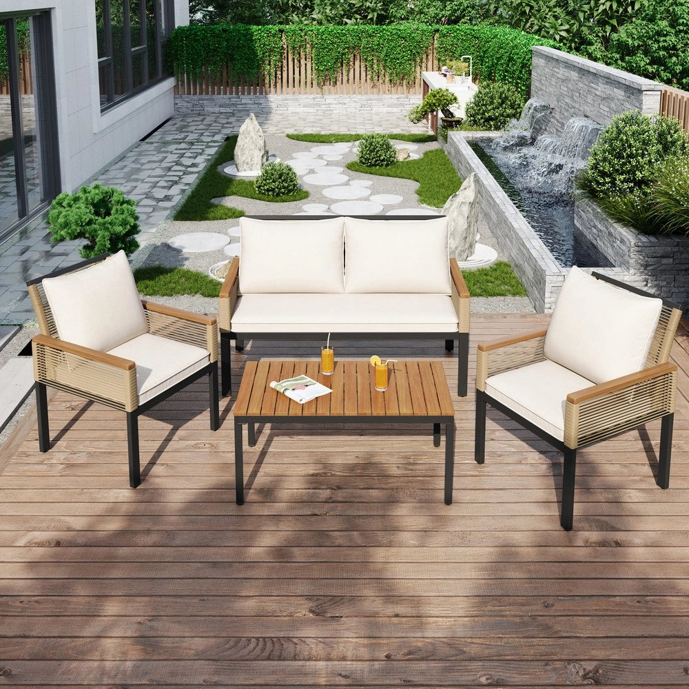 Set da giardino in rattan - Zephmum- 2 sedie, divano, tavolo, cuscini comodi