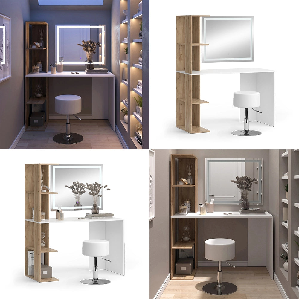 Vicco Tavolo da toeletta Bianco/Sonoma 122.2 cm con specchio LED e sgabello