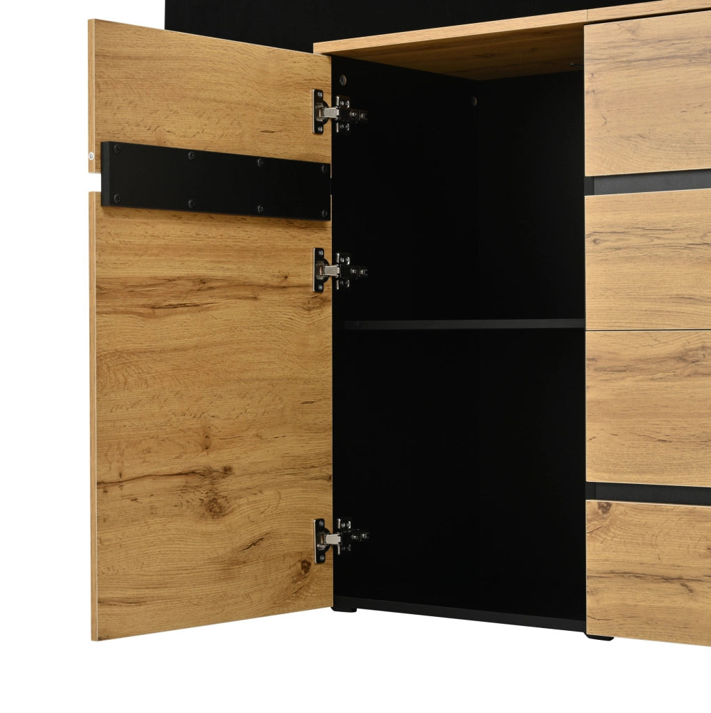 Sideboard 160x40x80 cm con 2 ante e 4 cassetti in pannello truciolare naturale e nero
