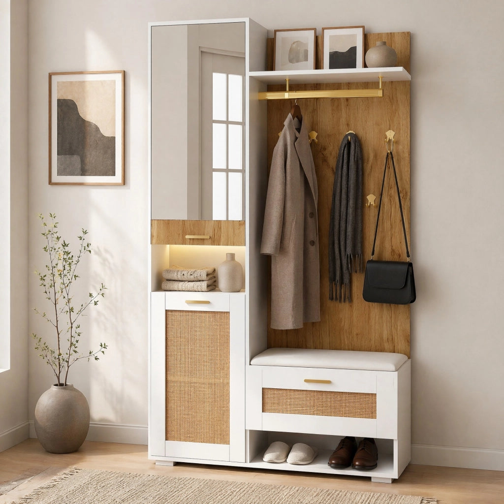 Set da ingresso con armadio a 3 ante, specchio, panca, vani a giorno e 6 ganci, MDF bianco e legno