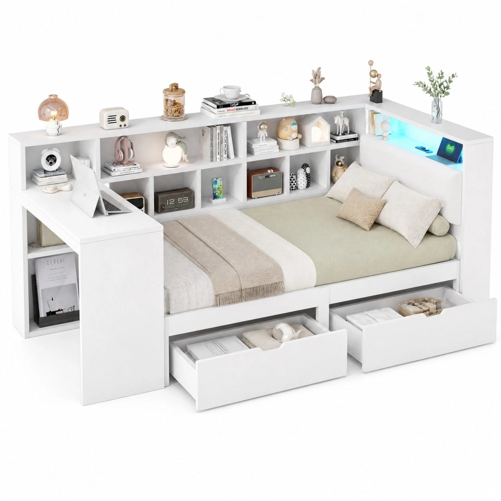 Letto a L con scrivania e libreria integrata 90x200 cm in MDF e multistrato; bianco