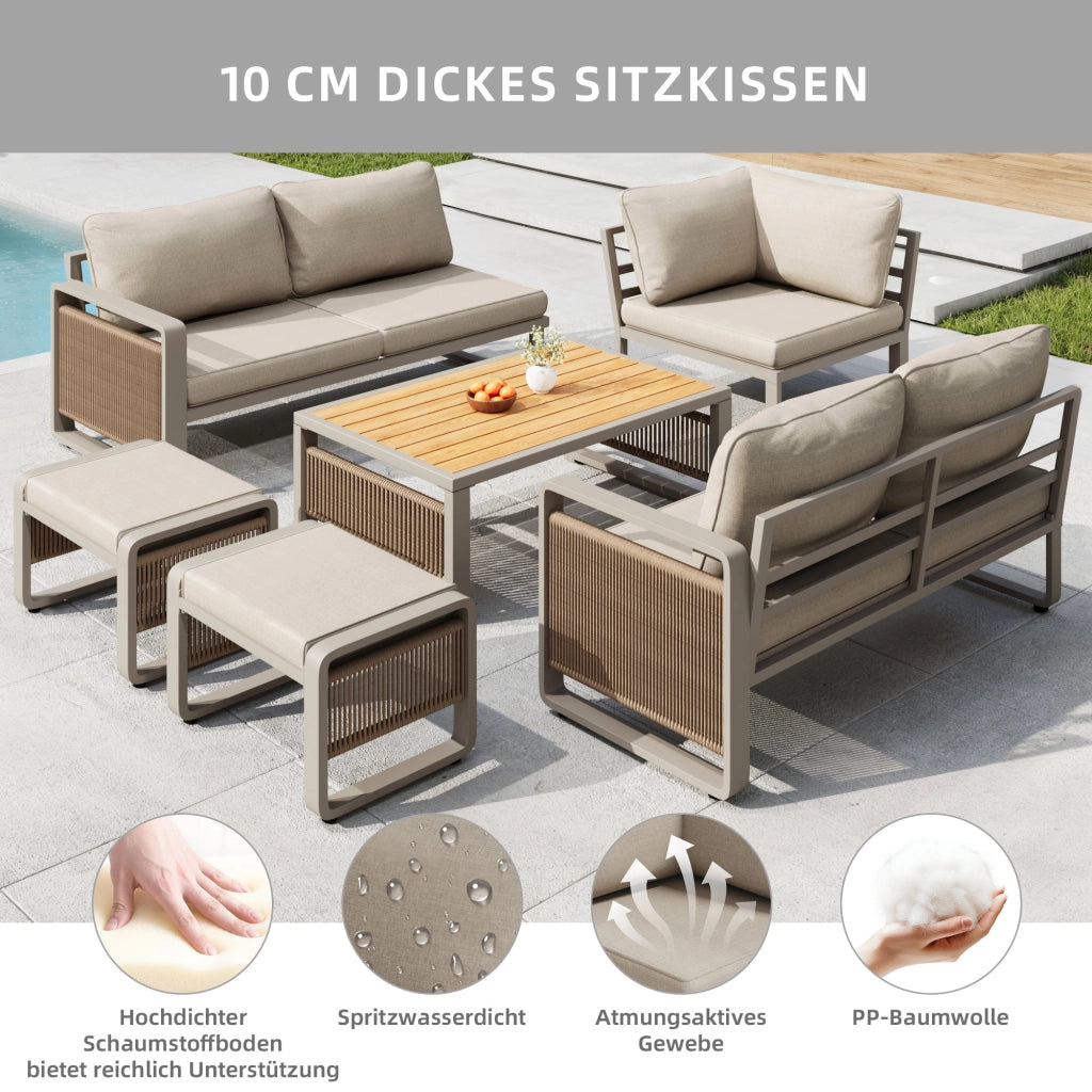 Set poltrone per mobili da giardino set per 6-7 persone divano da giardino in corda intrecciata a mano set d'angolo e poltrona impermeabile in ferro con cuscini morbidi per sedile e schienale piedi regolabili beige