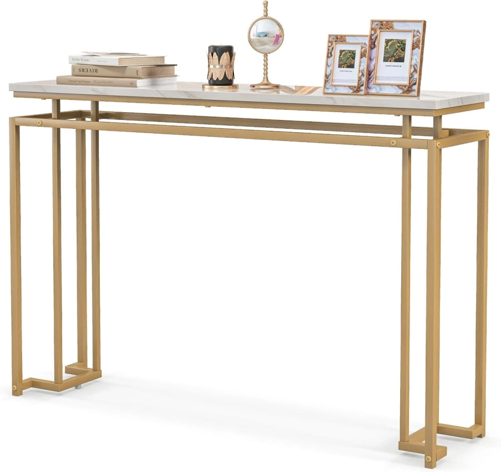 Tavolo Consolle 120cm, Tavolo da Ingresso Sottile con Piano in Finto Marmo e Telaio in Metallo, Piedini Regolabili e Dispositivo Antiribaltamento, Tavolino Elegante per Corridoio, Soggiorno