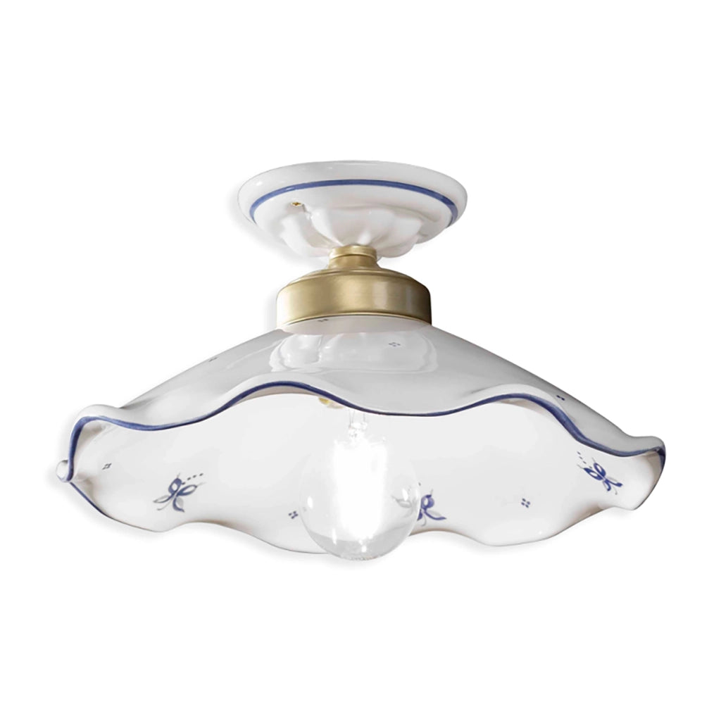 Plafoniera Classica Belluno Ceramica E Ottone Decorato Filo Blu 1 Luce E27