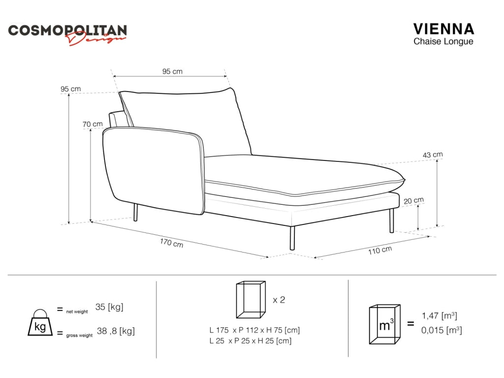 Cosmopolitan Design - Chaise longue sinistra "Vienna" in tessuto strutturato grigio scuro 