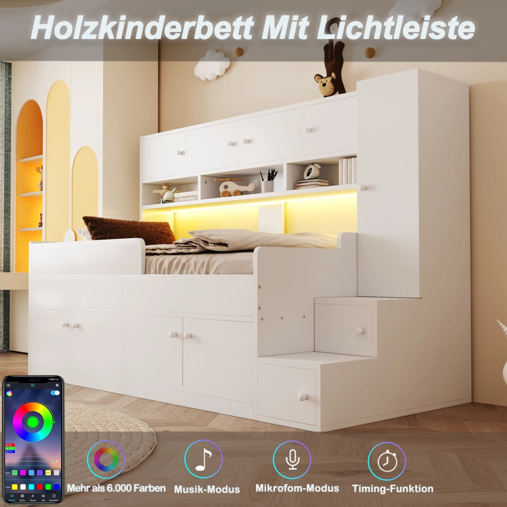 Letto per bambini 90x200 cm con contenitore; scala e LED; legno; bianco