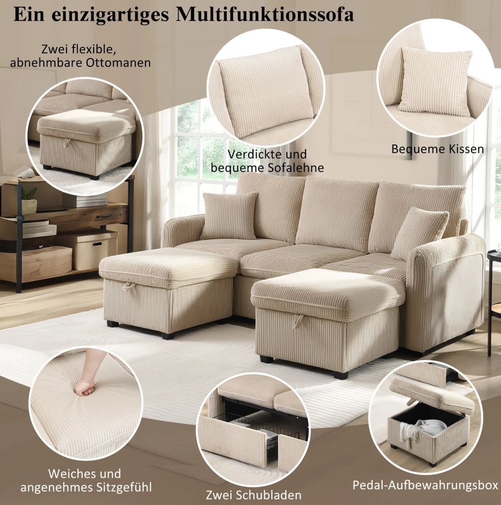Divano 3 posti modulare con 2 pouf contenitore; tessuto cord beige; 188x186x86 cm