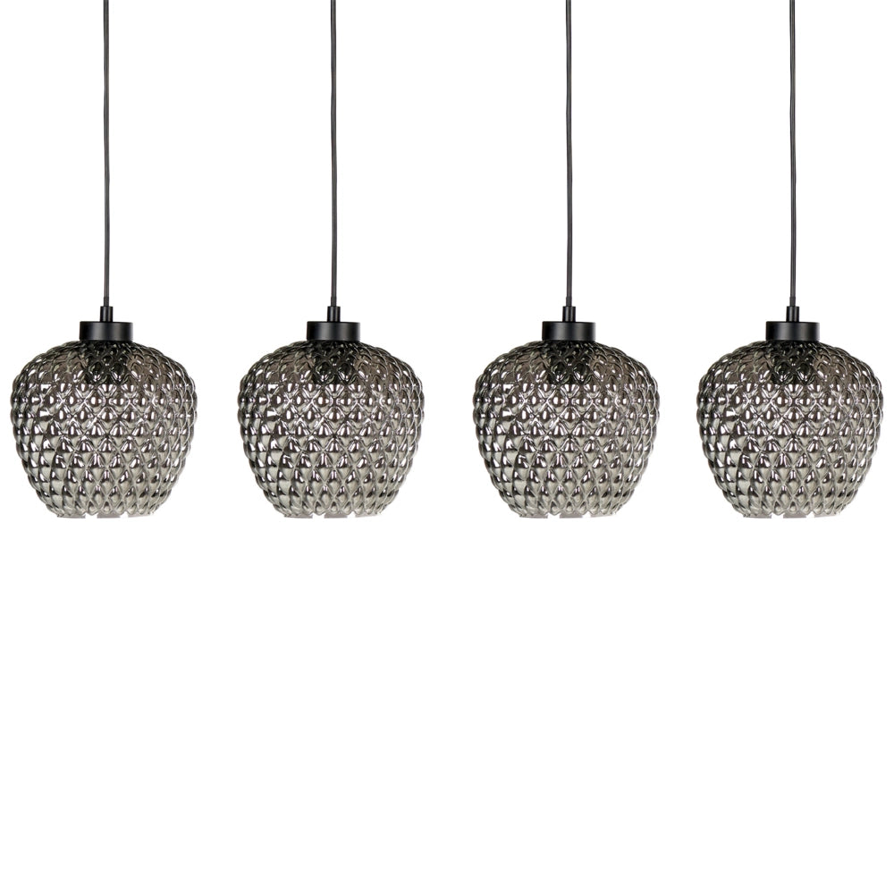 Lampada a sospensione con paralumi in vetro grigio fumé, struttura in ferro, 4 luci, design moderno, accessorio per la casa adatto al soggiorno.