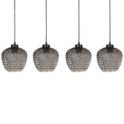Lampada a sospensione con paralumi in vetro grigio fumé, struttura in ferro, 4 luci, design moderno, accessorio per la casa adatto al soggiorno.