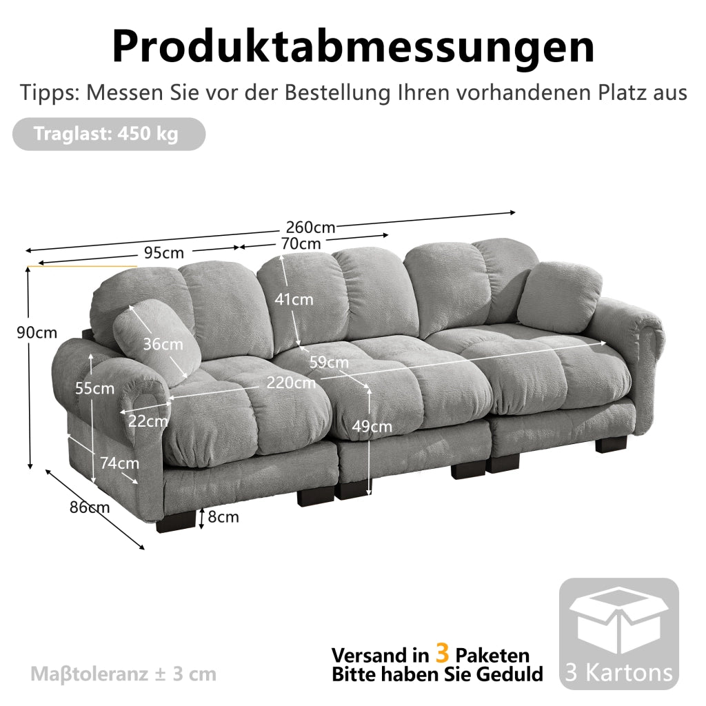 Canapé modulare con seduta imbottita e cuscino decorativo in tessuto chenille grigio chiaro 260 × 86 × 90 cm