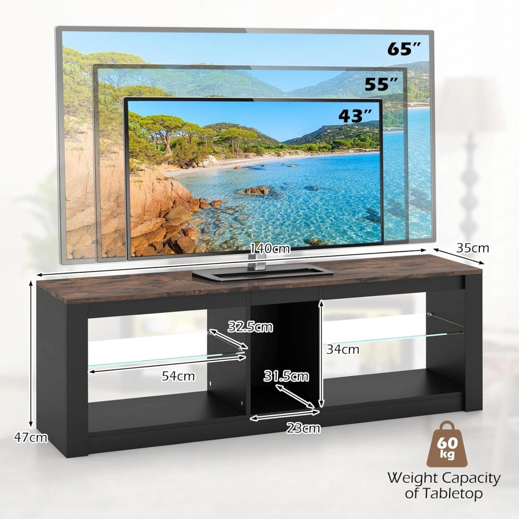 Mobile Porta TV con Luci LED, Supporto per TV fino a 65" con Ripiani di Vetro Temperato Regolabili e Telecomando, Mobile TV per Soggiorno, Studio, Camera da Letto, 140 x 35 x 47 cm