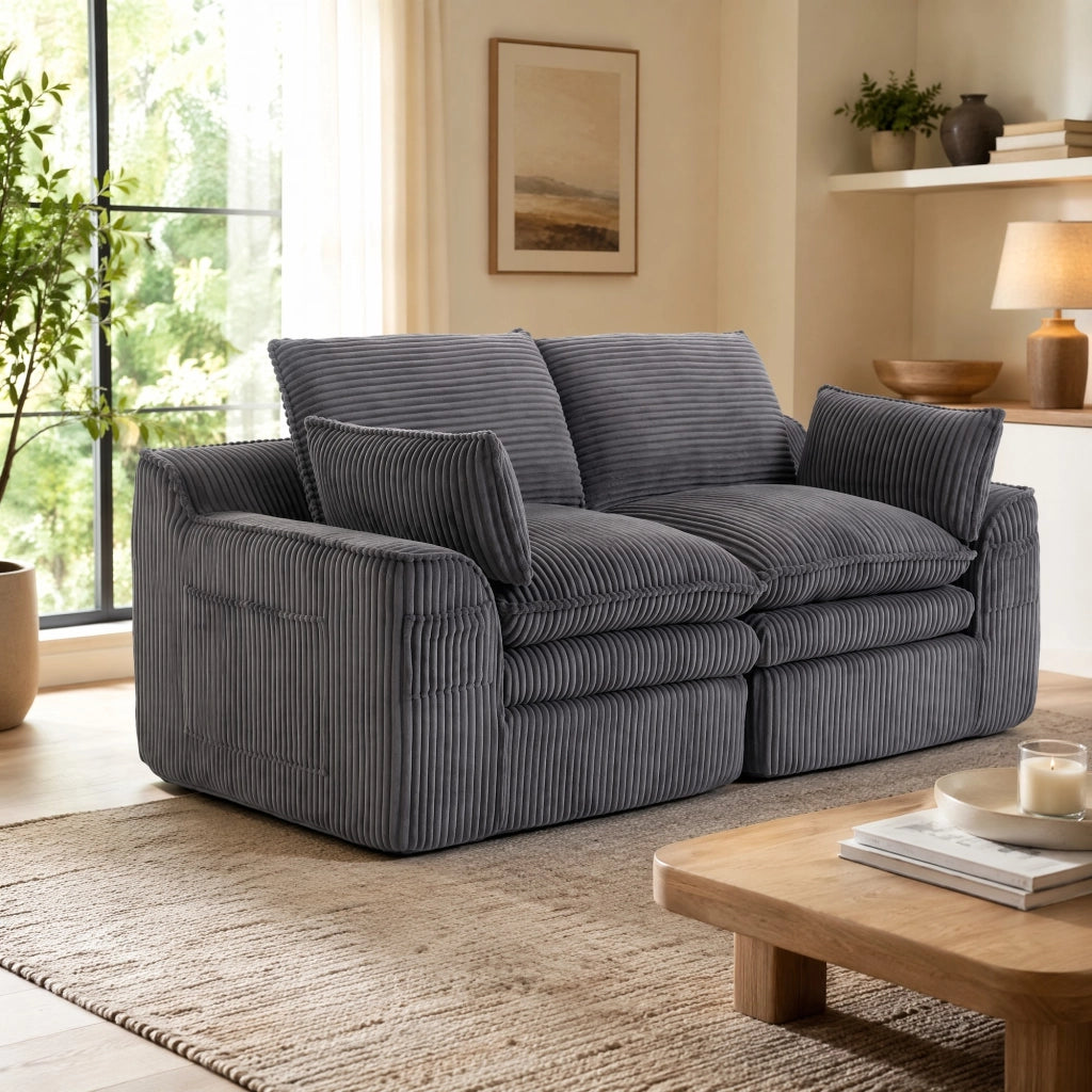 Divano 2 posti in corduroy grigio scuro con cuscini e tasche laterali, 191x94x85 cm