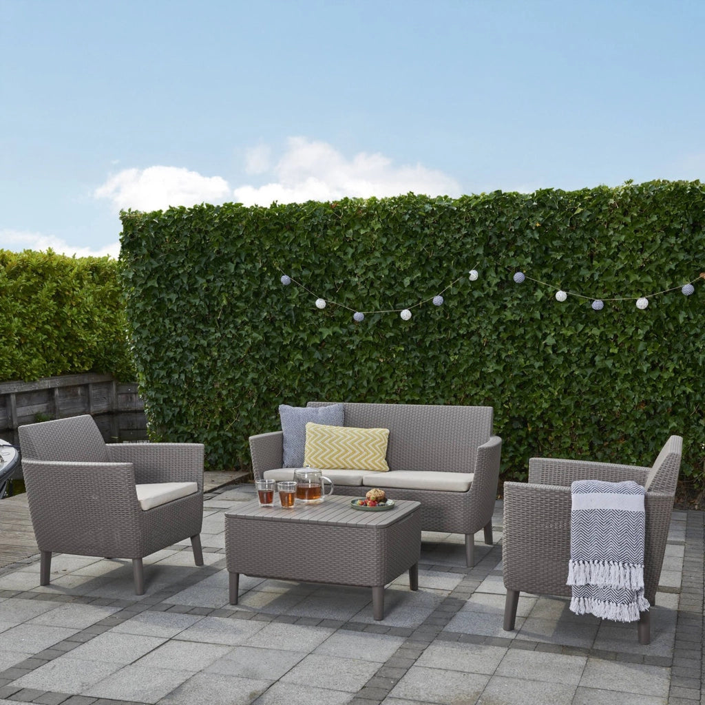 Set salotto da esterno Whitby, Salottino outdoor, Set da balcone o giardino, Composizione soggiorno per esterni, 133x67 h76 cm, Tortora