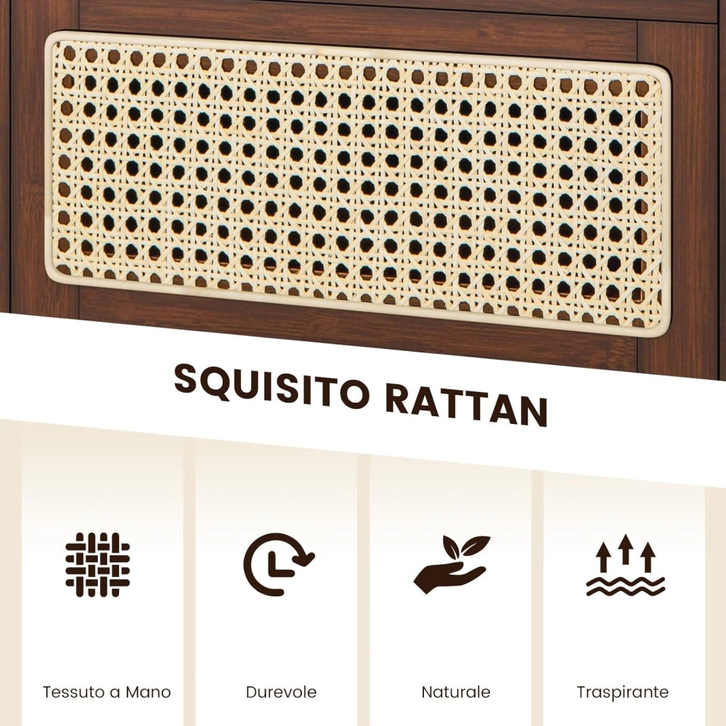 Comodino in Bambù e Rattan 43 x 35 x 50 cm, Tavolino Moderno con Piano in Vetro, Cassetto, Mobile Salvaspazio per Ufficio e Soggiorno (1, Marrone)