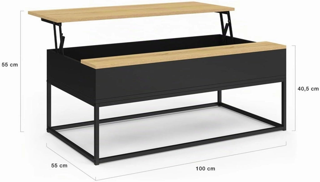 Tavolino rettangolare con piano sollevabile BOSTON 100 cm nero design industriale piano in legno