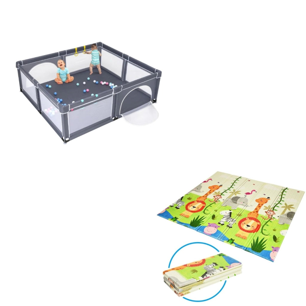 Box interno bambini grigio e tappetino pieghevole gattonare, Centro attivit¨¤ portatile e tappetino pieghevole reversibile