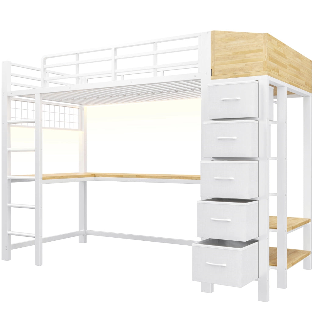 Letto a soppalco 90 × 200 cm con scrivania gaming, USB e Type-C, LED, 5 cassetti, senza materasso, bianco