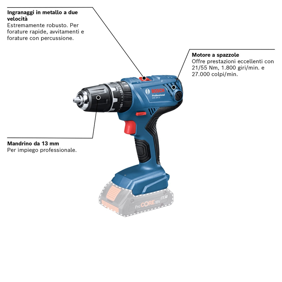 Bosch GSB 18V-21 06019H1176 – Trapano Avvitatore a Percussione 18V Solo corpo