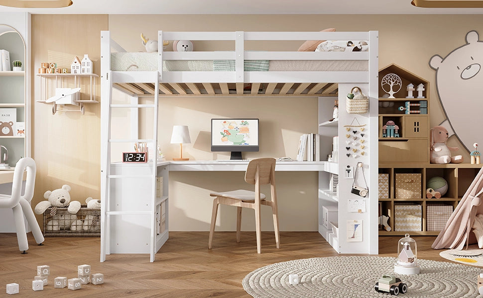 Letto a soppalco per bambini con scaffale e scala, 90x200 cm, bianco