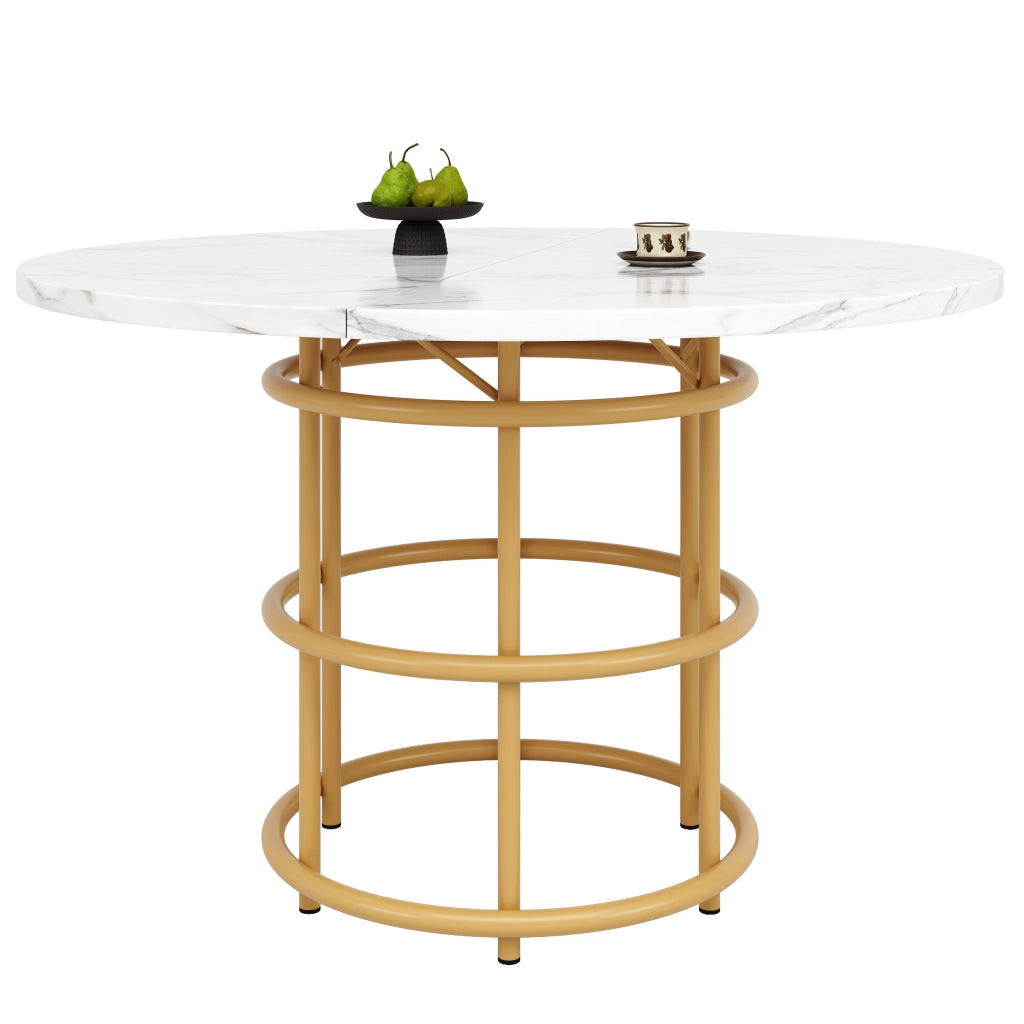 Tavolo da Pranzo Rotondo ¨C Xylo ¨C Piano MDF Effetto Marmo, Gambe in Metallo Dorato, 100x100x76