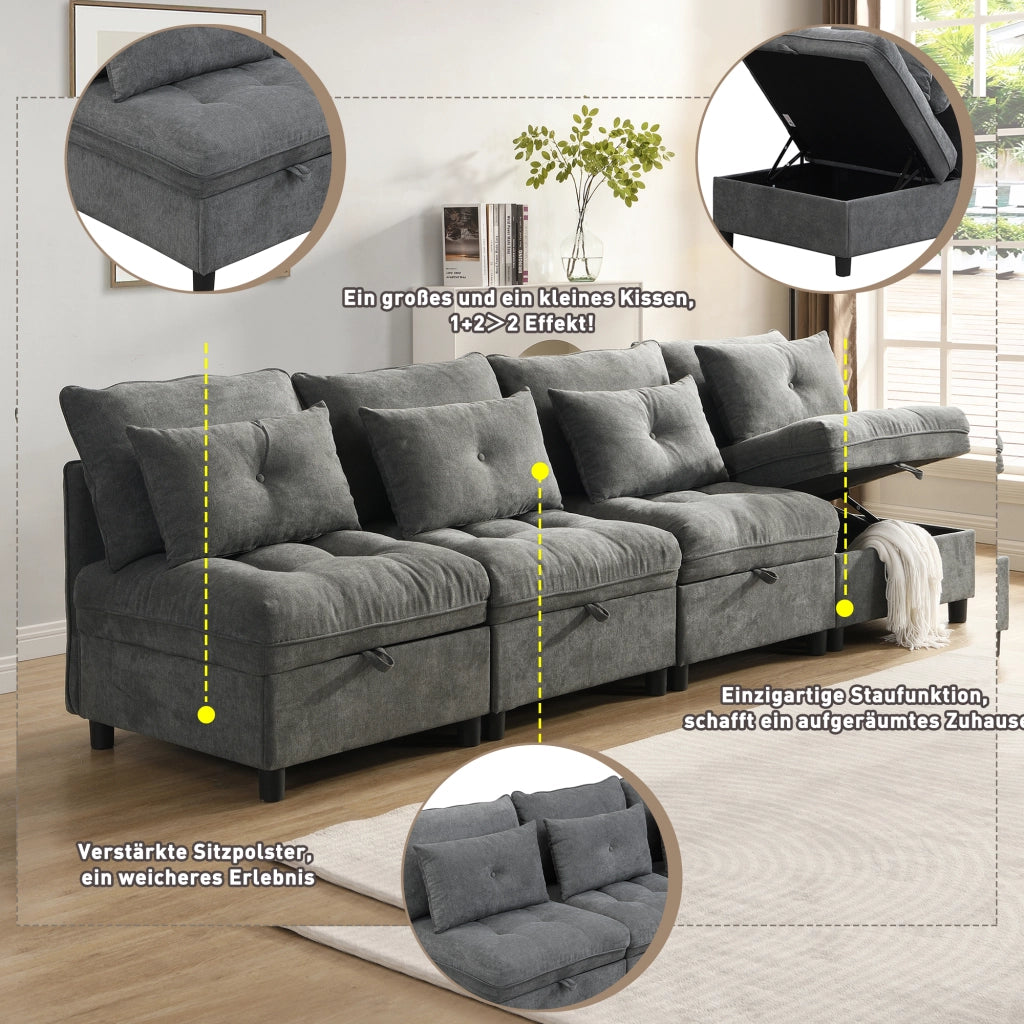 Divano Modulare 4 Posti con Contenitore, Convertibile in Letto, Ciniglia, Schiuma, Grigio Antico